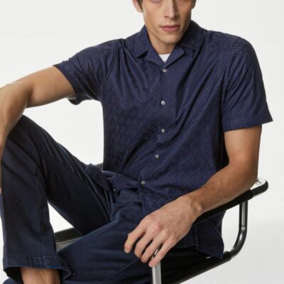 Autograph Autograph Textured Pure Cotton Jersey Shirt Navy | Mens Shirts