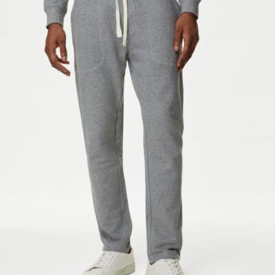 M&S Collection Drawstring Pure Cotton Straight Leg Joggers Grey Marl | Mens Joggers