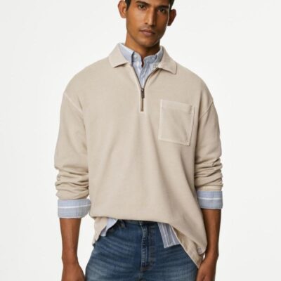 M&S Collection Relaxed Fit Pure Cotton Half Zip Sweatshirt Stone | Mens Hoodies & Sweatshirts