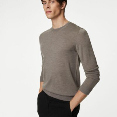 Autograph Pure Extra Fine Merino Wool Crew Neck Jumper Taupe | Mens The Smart Edit