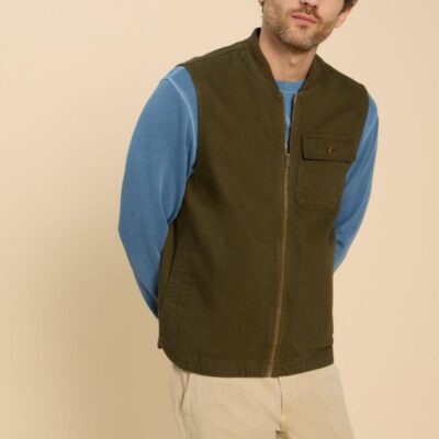 White Stuff Pure Cotton Baseball Neck Gilet Green | Mens Coats & Jackets