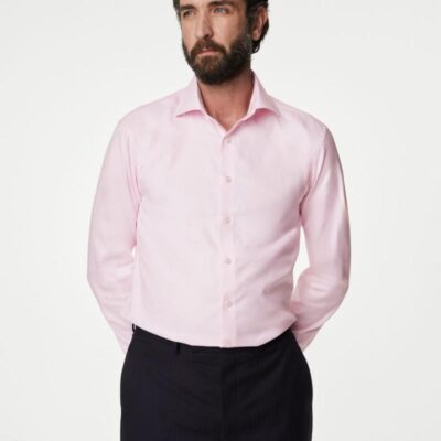 M&S SARTORIAL Slim Fit Luxury Cotton Double Cuff Twill Shirt Pink | Mens Formal Shirts