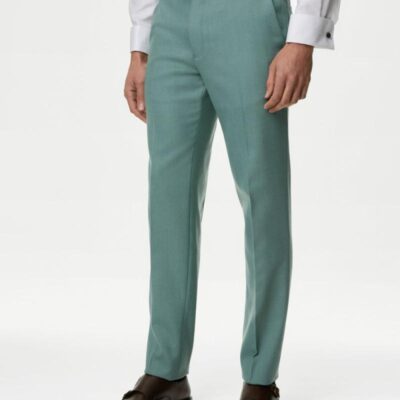 M&S Collection Slim Fit Wool Blend Suit Trousers Green | Mens Trousers