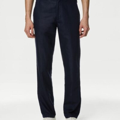 M&S Collection Regular Fit Linen Blend Trousers Navy | Mens Trousers