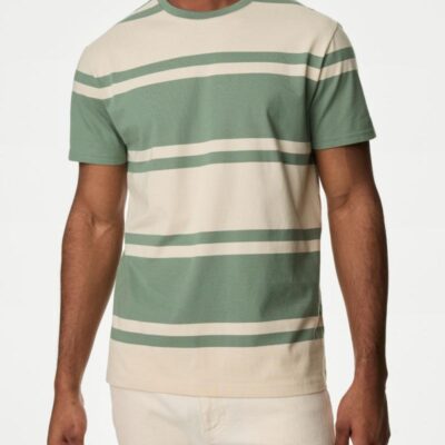 M&S Collection Pure Cotton Colour Block Striped T-Shirt Ecru Mix | Mens Tops & T-shirts