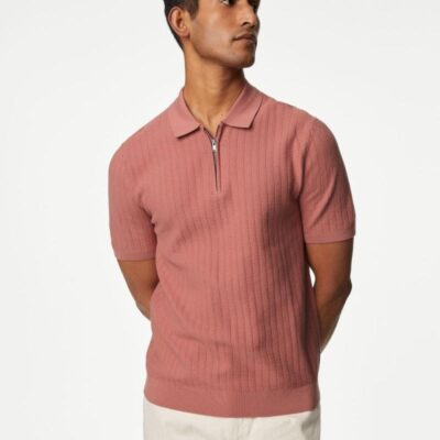 M&S Collection Cotton Rich Textured Knitted Polo Shirt Pink | Mens Tops & T-shirts