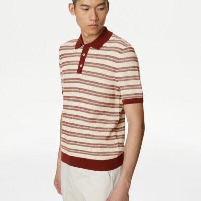 M&S Collection Pure Cotton Textured Striped Knitted Polo Shirt Rust Mix | Mens Tops & T-shirts