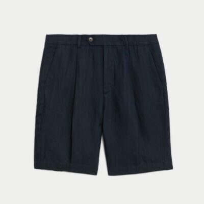 JAEGER Linen Blend Single Pleat Shorts Dark Ink | Mens Shorts