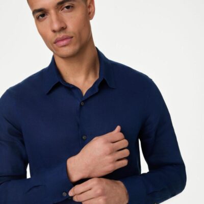 M&S Collection Pure Linen Slim Fit Shirt Dark Navy | Mens Shirts