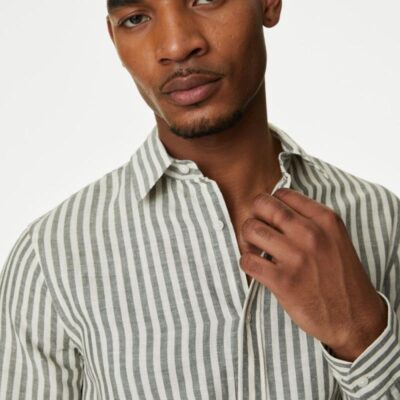 M&S Collection Easy Iron Cotton Linen Blend Striped Shirt Green Mix | Mens Shirts