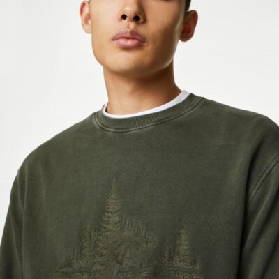 M&S Collection Pure Cotton Embroidered Graphic Sweatshirt Faded Khaki | Mens Hoodies & Sweatshirts