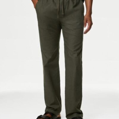 M&S Collection Tapered Fit Linen Blend Trousers Medium Khaki | Mens Trousers