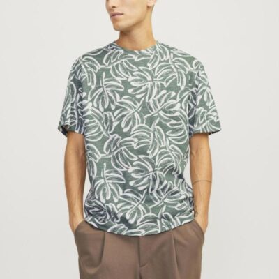 JACK & JONES Pure Cotton Leaf Print T-Shirt Green Mix | Mens Tops & T-shirts