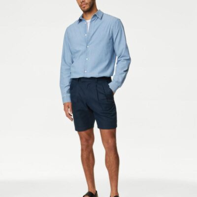 Autograph Linen Blend Pleat Front Shorts Navy | Mens Shorts