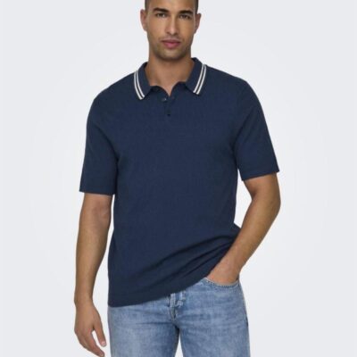 ONLY & SONS Textured Polo Shirt Blue | Mens Tops & T-shirts