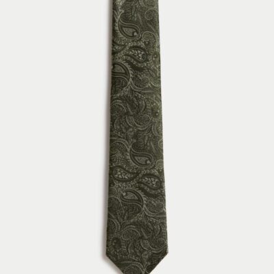 M&S Collection Pure Silk Paisley Tie Green | Mens Ties