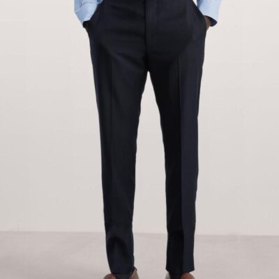 JAEGER Tailored Fit Pure Wool Twill Suit Trousers Navy | Mens Trousers