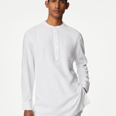 M&S Collection Linen Rich Longer Length Kurta White | Mens Shirts