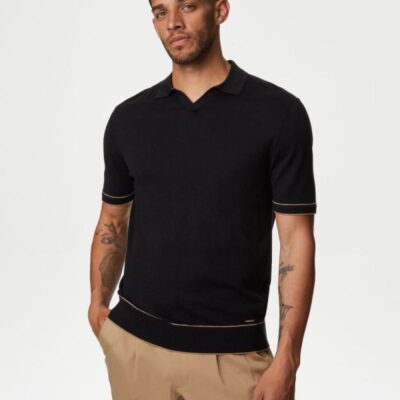 Autograph Silk Cotton Knitted Polo Shirt Black | Mens Tops & T-shirts