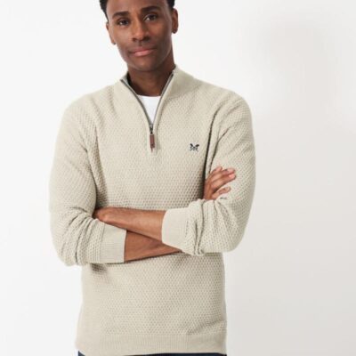 Crew Clothing Pure Cotton Textured Half Zip Jumper Beige | Mens Jumpers & Knitwear