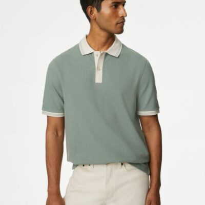 M&S Collection Cotton Rich Textured Polo Shirt Dusty Green | Mens Tops & T-shirts