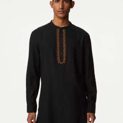 M&S Collection Linen Rich Longer Length Kurta Black | Mens Shirts