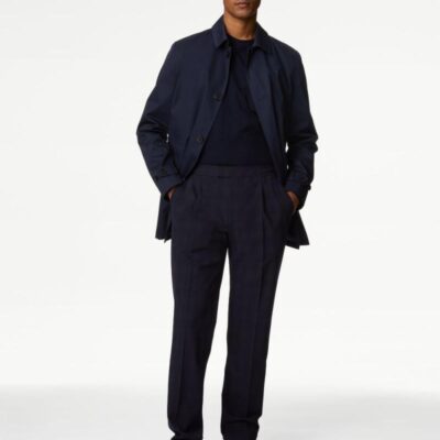 M&S Collection Check Single Pleat Elasticated Trousers Navy | Mens Smart Trousers