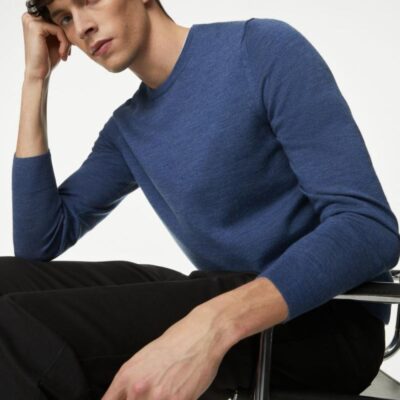 Autograph Pure Extra Fine Merino Wool Crew Neck Jumper Medium Blue | Mens The Smart Edit