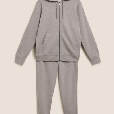 M&S Collection Pure Cotton Zip Up Hoodie & Joggers Set Grey Marl | Mens Loungewear