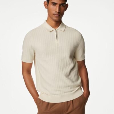 M&S Collection Cotton Rich Textured Knitted Polo Shirt Ecru | Mens Tops & T-shirts