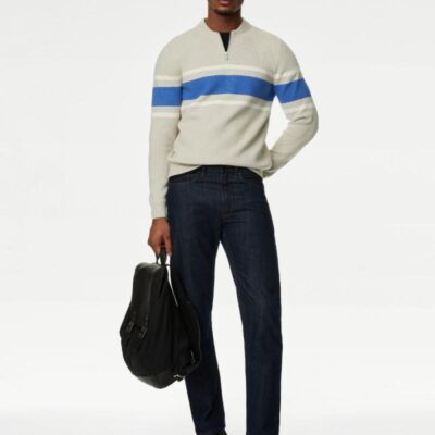 M&S Collection Cotton Blend Striped Half Zip Jumper Ecru | Mens Jumpers & Knitwear