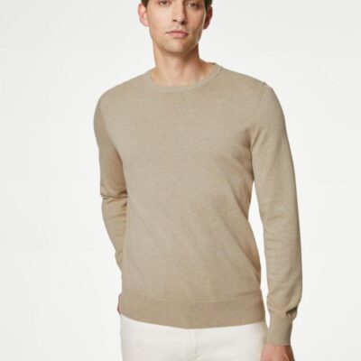 M&S Collection Pure Cotton Crew Neck Jumper Beige | Mens Jumpers & Knitwear