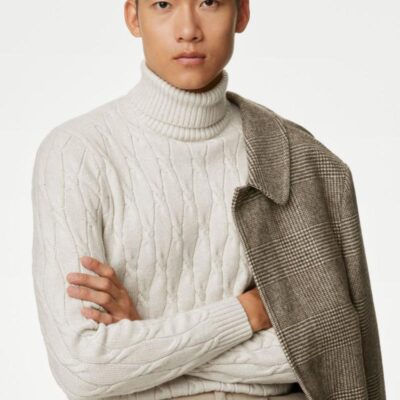 M&S Collection Cable High Neck Jumper Ecru | Mens Jumpers & Knitwear