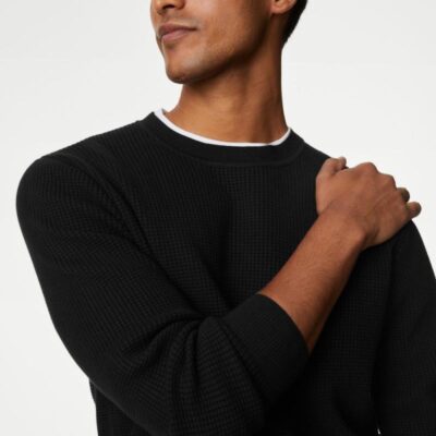 M&S Collection Cotton Blend Textured Crew Neck Jumper Black | Mens Jumpers & Knitwear