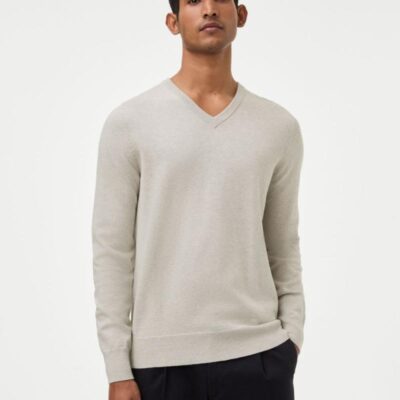 M&S Collection Pure Cotton V-Neck Knitted Jumper Silver Grey | Mens Jumpers & Knitwear