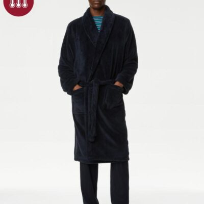 M&S Collection Fleece Dressing Gown Dark Navy | Mens Loungewear