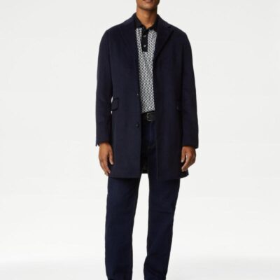 M&S Collection Wool Blend Revere Coat Navy | Mens Coats & Jackets