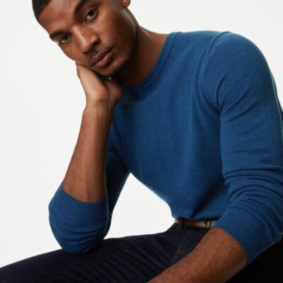 M&S Collection Pure Cotton Crew Neck Jumper Light Denim | Mens Jumpers & Knitwear