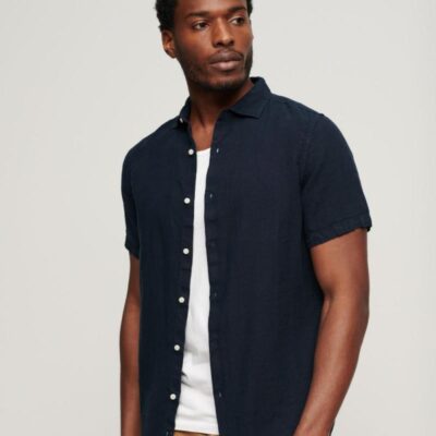 Superdry Slim Fit Pure Linen Striped Shirt Dark Navy | Mens Shirts