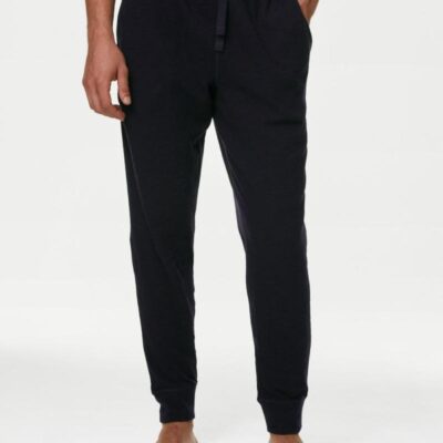 M&S Collection Pure Cotton Waffle Jogger Bottoms Navy | Mens Loungewear