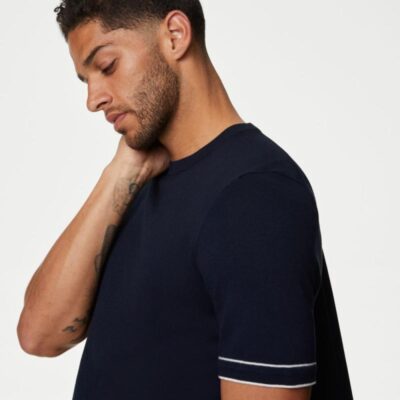 Autograph Silk Cotton Crew Neck Knitted T-Shirt Dark Navy | Mens Tops & T-shirts