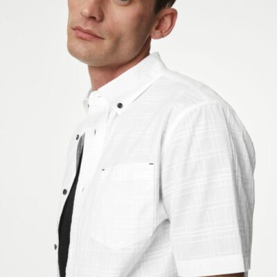 M&S Collection Easy Iron Pure Cotton Textured Check Shirt White | Mens Shirts