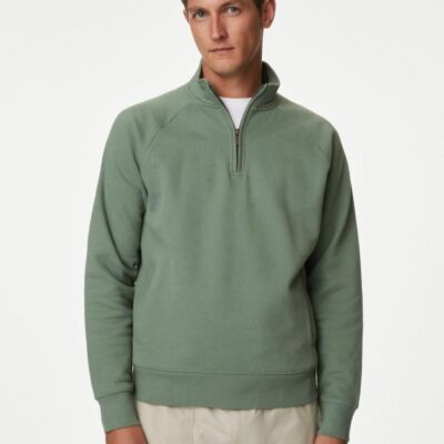 M&S Collection Pure Cotton Half Zip Sweatshirt Antique Green | Mens Loungewear