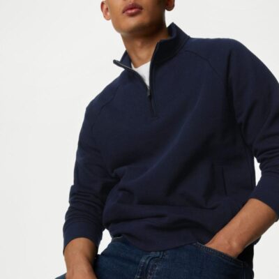 M&S Collection Pure Cotton Half Zip Sweatshirt Dark Navy | Mens Loungewear