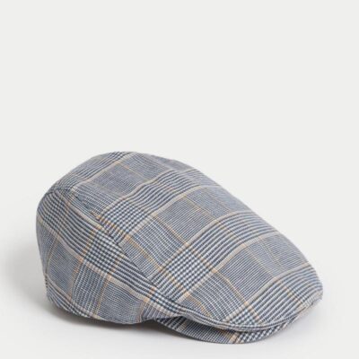 M&S SARTORIAL Linen Cotton Blend Checked Flat Cap Blue Mix | Mens Hats