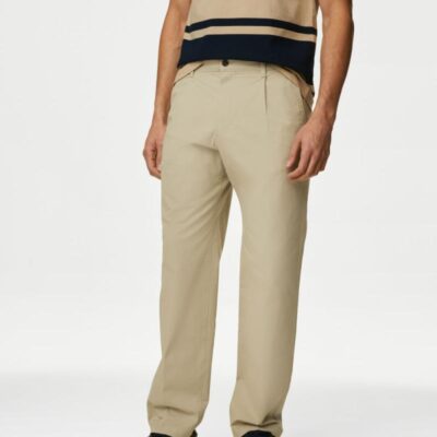 M&S Collection Regular Fit Single Pleat Stretch Chinos Sandstone | Mens Trousers