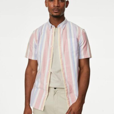 M&S Collection Pure Cotton Striped Oxford Shirt Pink Mix | Mens Shirts