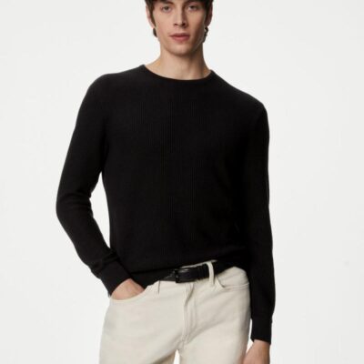 Autograph Cotton Blend Textured Crew Neck Jumper Black | Mens Jumpers & Knitwear