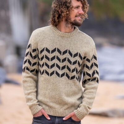 Celtic & Co. Pure Wool Chevron Crew Neck Jumper Beige | Mens Jumpers & Knitwear