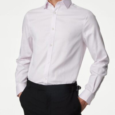 M&S Collection Regular Fit Non Iron Pure Cotton Textured Shirt Pink | Mens Formal Shirts